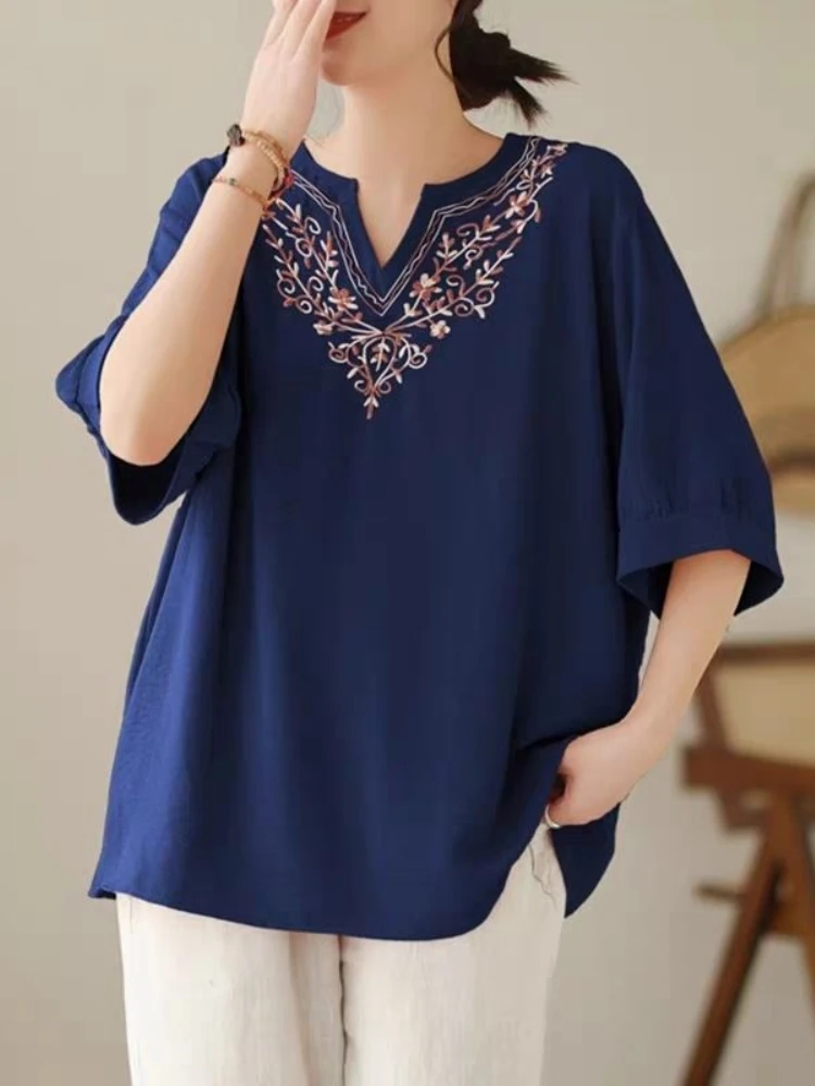 

Рубашка женская хлопковая с коротким рукавом, модная блузка с вышивкой в винтажном стиле, повседневный Топ оверсайз, большие размеры 5XL, на лето