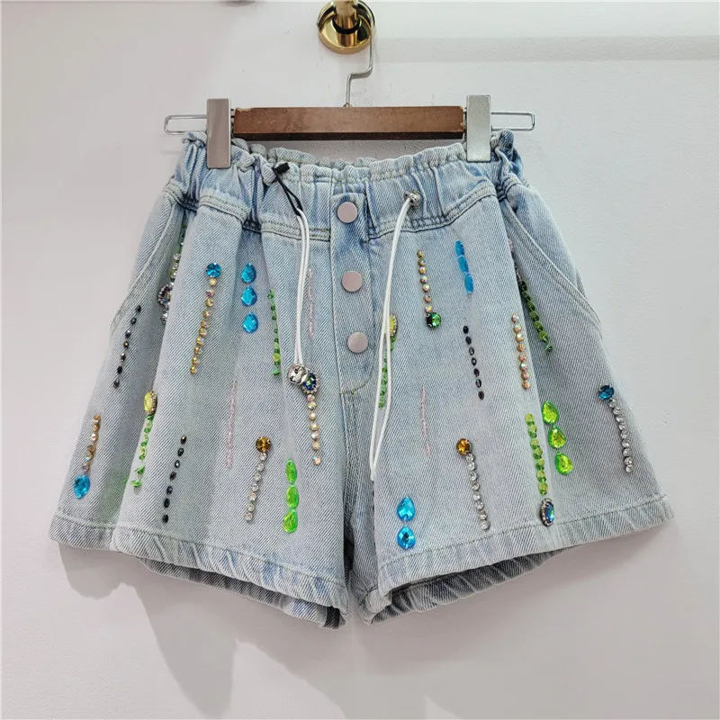 Heavy Industry Inlaid Color Diamond Beaded Denim Wide Leg Shorts Women 2024 Summer New High Waist Loose Shorts for Women