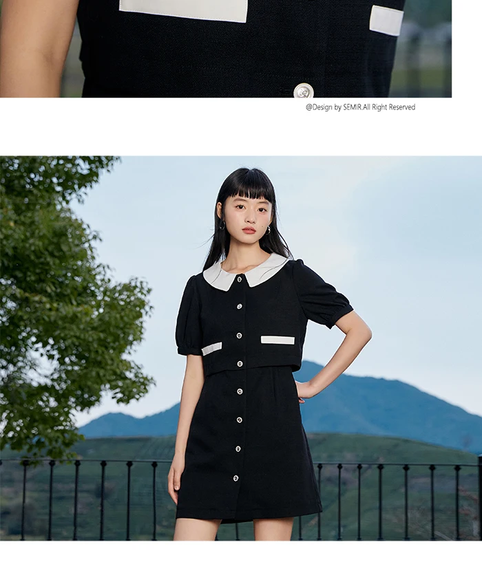 Dress Women Contrast Texture Fake Two Pieces Summer New Bubble Sleeve Breasted Short Dress Elegant Small Fragrance
