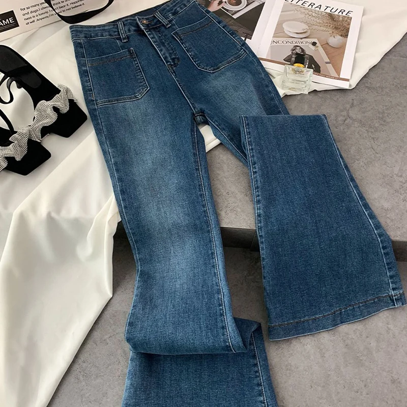 Classic High Waist Flare Jeans Women Vintage Pockets Stretch Slim Straight Trousers 2023 All-match Loose Washed Denim Trousers