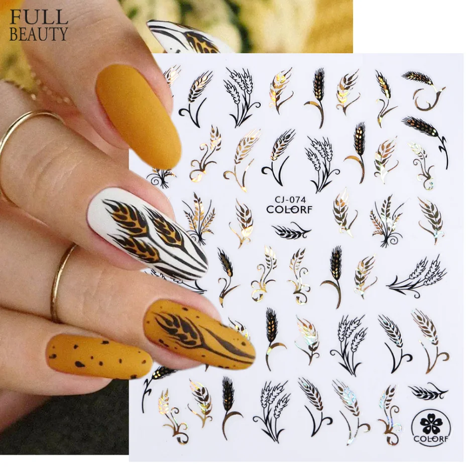 Autumn Harvest Stickers on Nails Black Gold Fall Leaf Squirrel Foils Decals  Tips Holographic Laser Shiny 3D Nail Art DecoCHCJ074| | - AliExpress