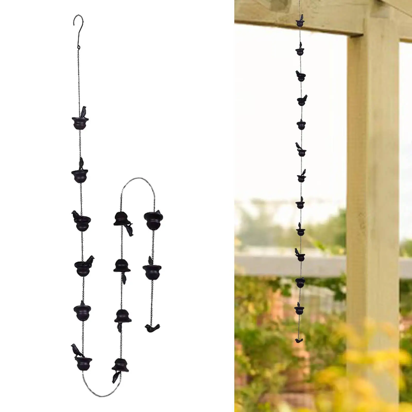 Metal Rain Chain Rainwater Vintage with Rain Collectors Cups Drainage Chain Birds on Cups Drainage Rainwater Catcher
