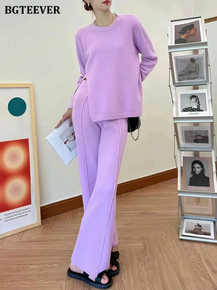 

BGTEEVER Casual Loose 2 Pieces Knitted Set Women Long Sleeve Split Pullovers & Wide Leg Pants Autumn Winter Sweater Set Female