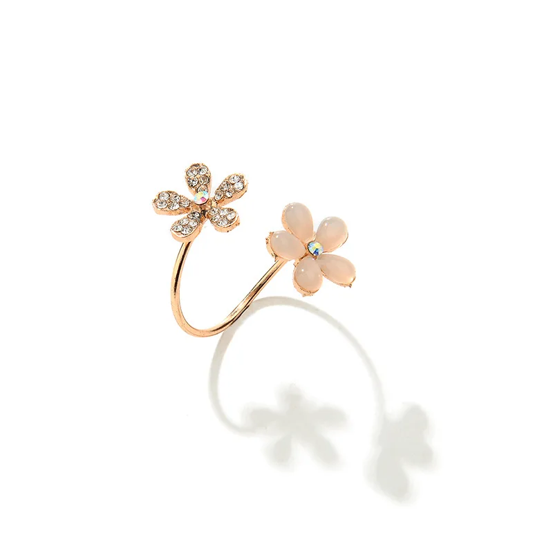 Korean Version Cat Eye Stone Flower Rhinestone Ring Adjustable Daisy Flower Opening Ring Women's Fashion Rhinestone Jewelry Ring