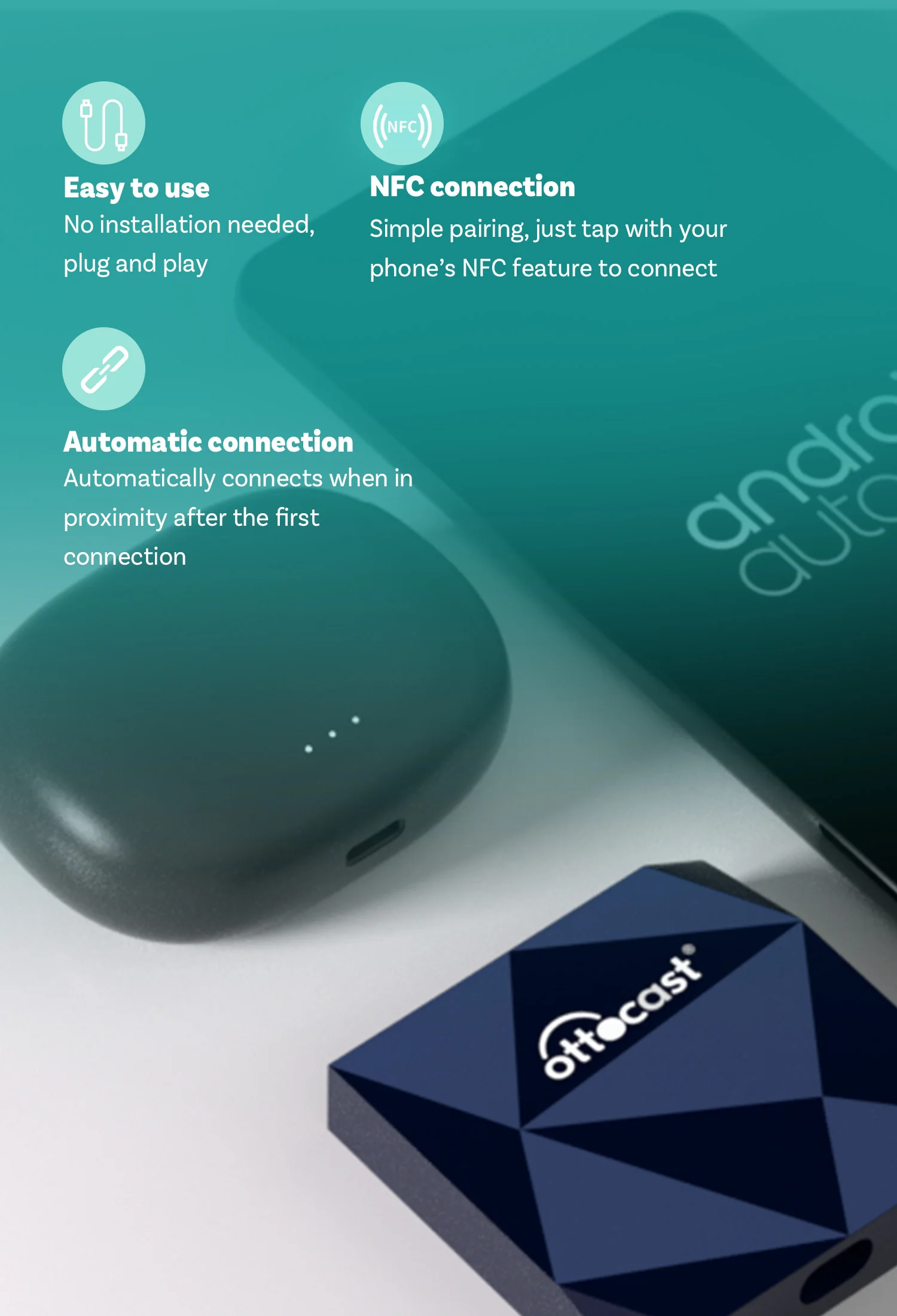 A2Air Wireless Android Auto Adapter Wired to Wireless USB Dongle NFC Connection