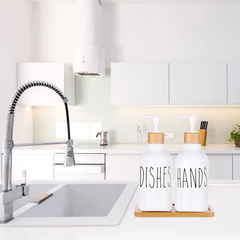 White Hand Soap and Dish Soap Dispenser with Pump Soap Bottle for Farmhouse Kitchen Counter Bathroom Decor Organization 500ml 3