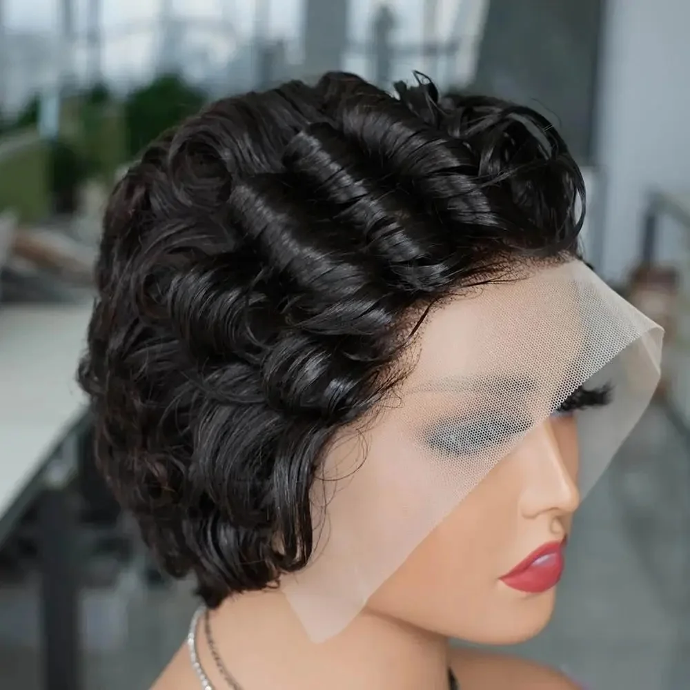 Pixie Cut Wig Short Curly Lace Front Human Hair Wigs For Black Women Indian Water Wave 13x4 Transparent Lace Frontal Wigs