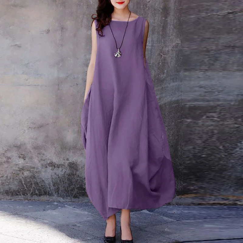 

Dress For Women 2023 Elegant Solid Color Cotton Linen Comfor Dresses Casual Loose O-Neck Sleeveless Straps Pocket Long Dress