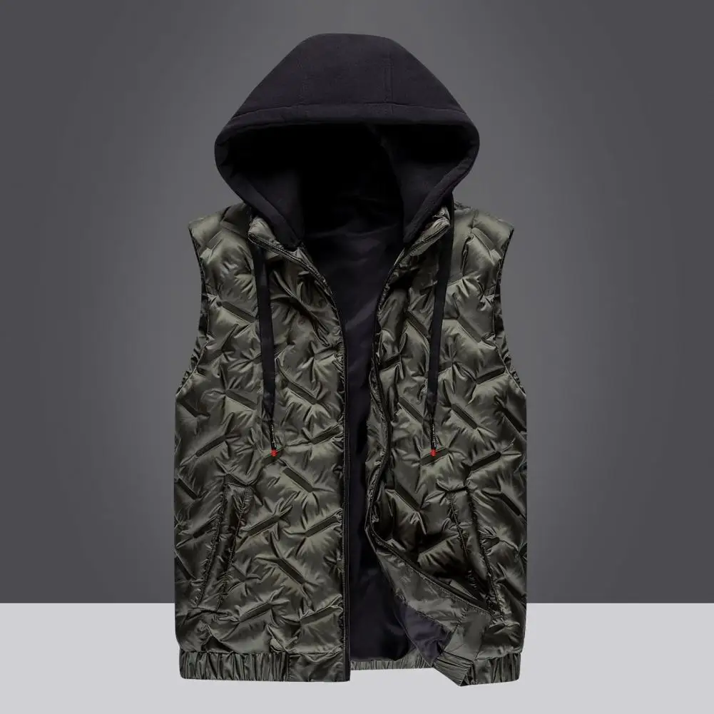 

Men Autumn Winter Warm Vest Coat Stand Collar Hooded Sleeveless Zipper Placket Pockets Waistcoat Waterproof Casual Vest Jacket