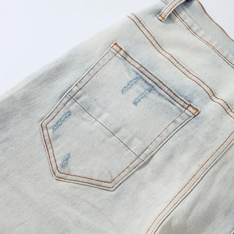 Latest Street Fashion Men's Jeans Retro Light Blue Elastic Slim Fit Split Jeans Men's Fishing Net Patch Designer Hip Hop Brand P