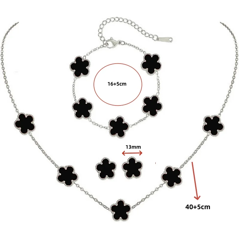 Jewelry Sets Silver Color Clover Jewelry Set for Women Stainless Steel Hypoallergenic Waterproof Flower Earrings Chain Necklace Bracelet