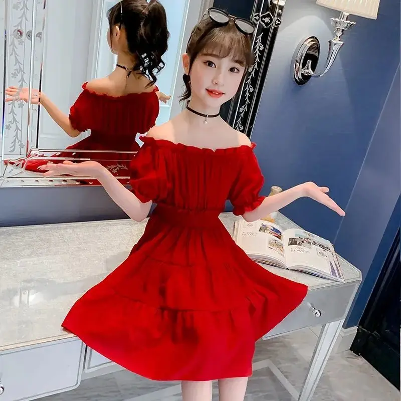 

Girls Dress Summer 2022 New Teenager Children's Princess Little Girl Charming Comfortable Crew Neck Design Slim Waist Dresses 12