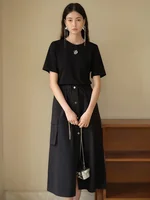 DUSHU Ice Cool Touch Fake Two Piece Needle Shuttle Combination Dress 2024 Summer New Dress Black Women Dresses 24DS82490