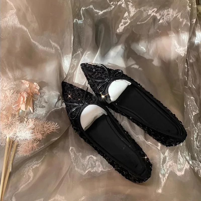 

2024 Spring New Paris Banquet~Sparkling Sequins Exquisite Small Pointed Dating Bow Tie Single Shoes Women's Foreign Trade