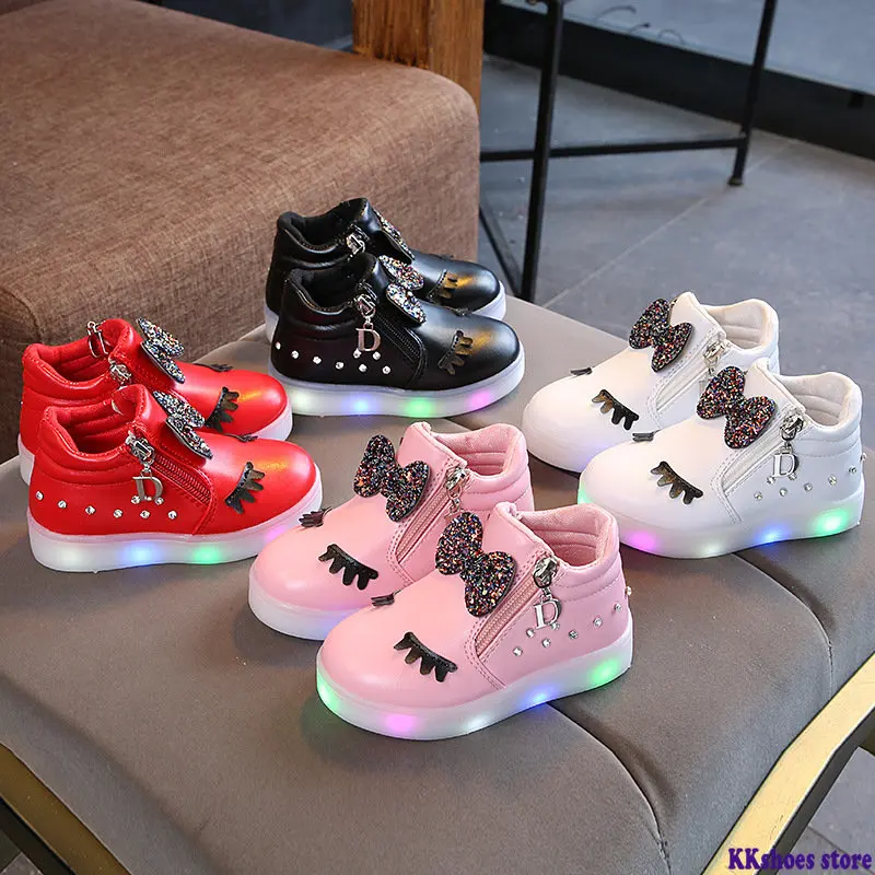 

Size 21-30 Children Glowing Sneakers Kid Princess Bow for Girls LED Shoes Cute Baby Sneakers with Light Shoes Krasovki Luminous