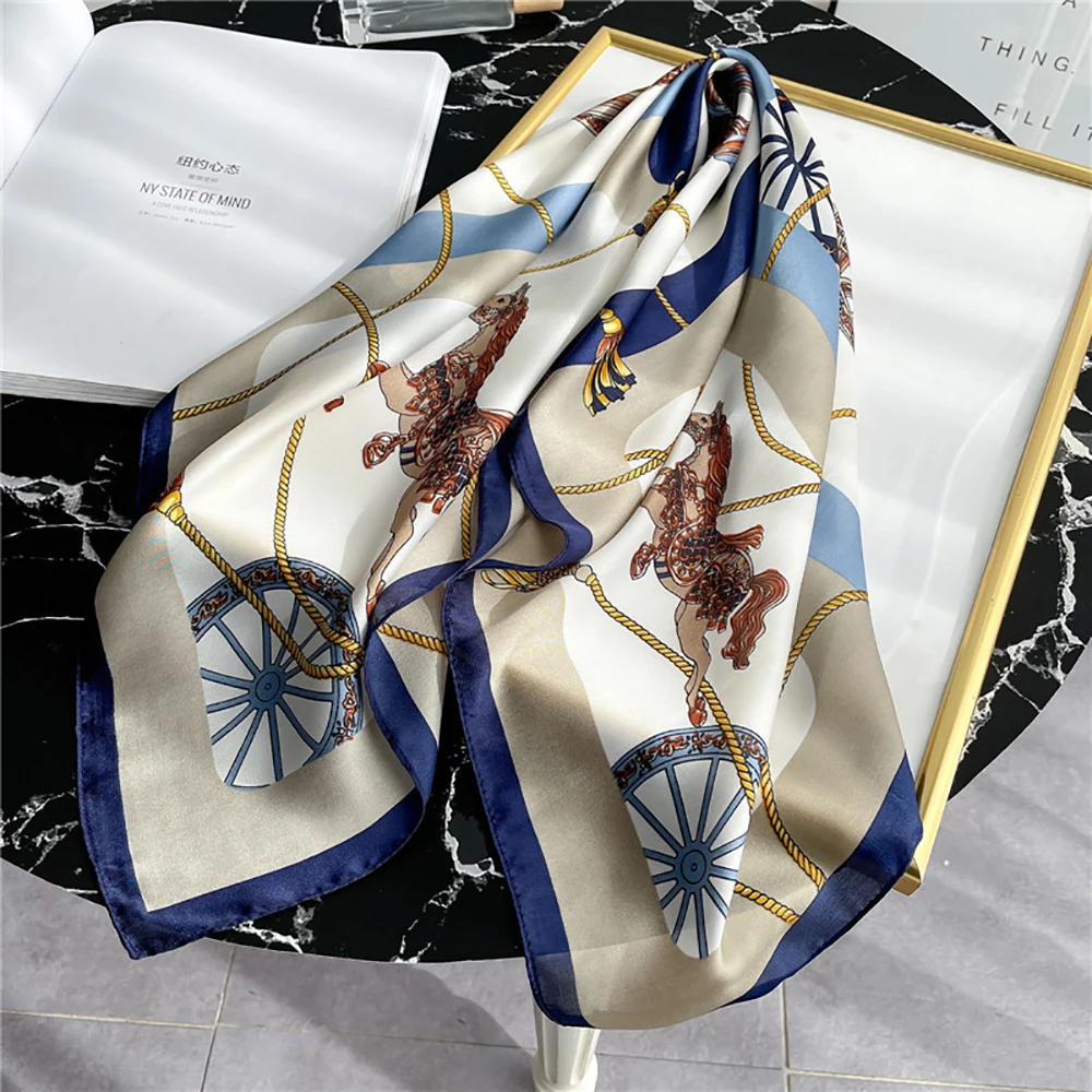 Luxus Pferd Druck Quadrat Schal für Frauen Satin Mode Wraps Halstuch Weibliche Haar Bands Stirnband Bandana 70X70CM – Detail 5