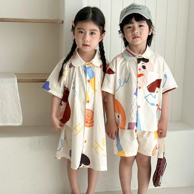 Summer Kids Clothes Set Cotton Loose Fit Dress Shirt