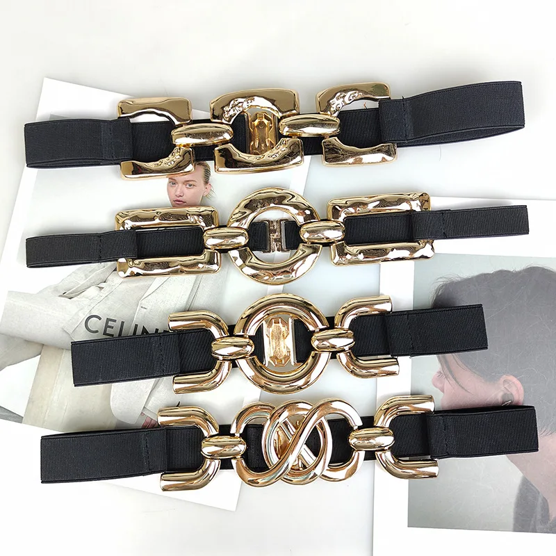 

Fashion Elegant Elastic Wide Women Belt Gold Ring Buckle Decorative Women Belts For Dress Designer Belts Women High Quality