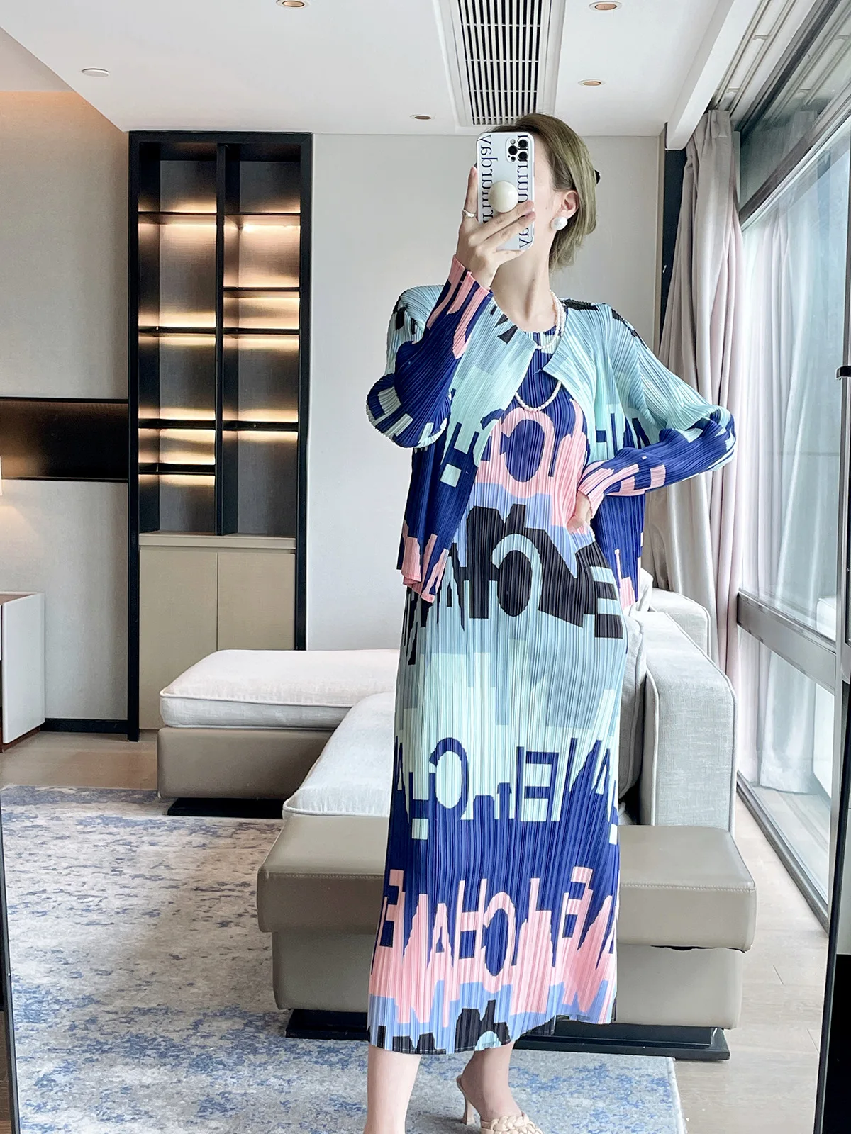 

2023 Spring and autumn new fashion print two-piece sleeveless dress + coat two-piece set
