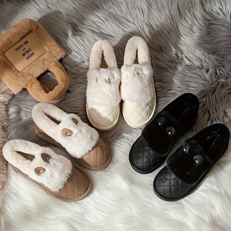 

Женские зимние ботинки с милым Кроликом, зимние пушистые плюшевые ботильоны без шнуровки на плоской подошве, теплые уличные короткие ботинки