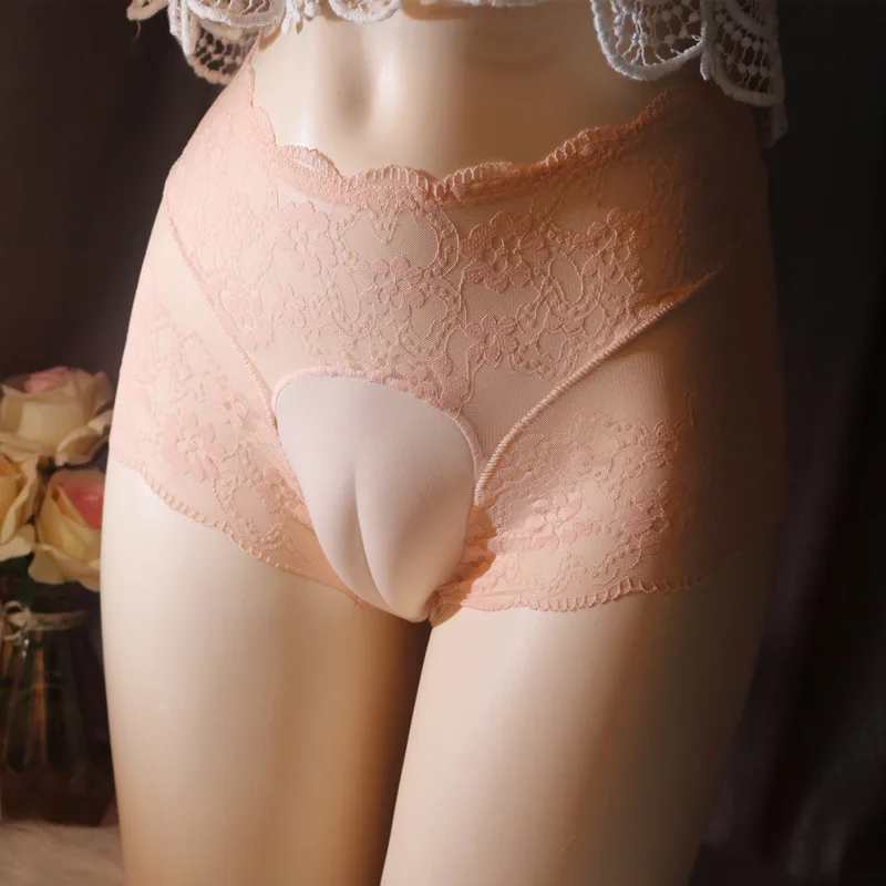 

Unsex Lace High Waist Transparent Panties for Men Abalone Creased Hidden JJ Lower Underwear Camel Toe Anchor Sissy Boxers Shorts