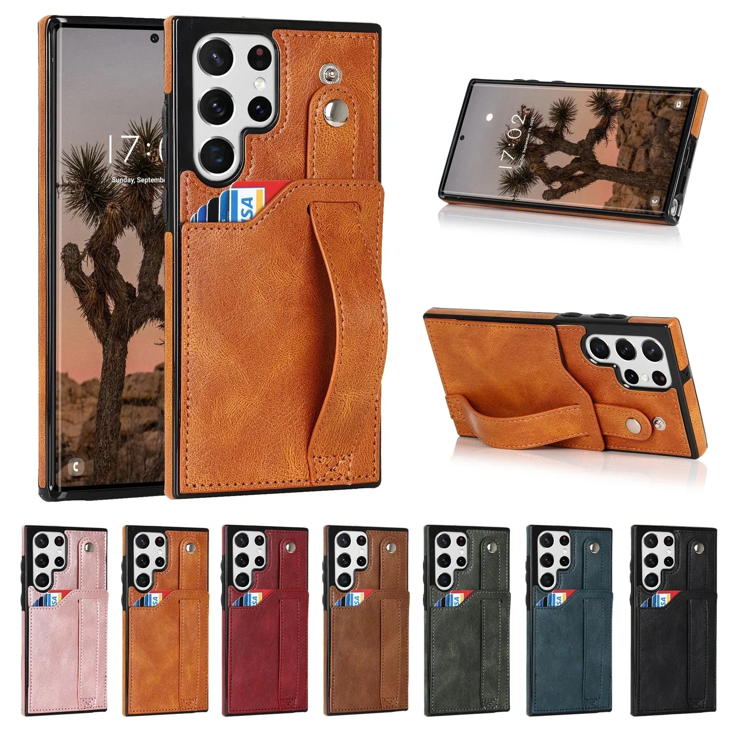 Wrist Strap Leather Phone Case with RFID Card Holder and Back Cover