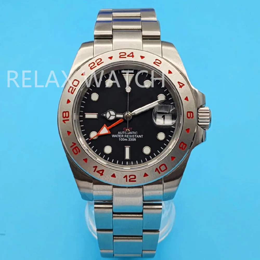 40Mm 2-24 Red Font Explorer Style Dual Time Zone Display Orologio Da Uomo Seiko Nh34 Gmt Movimento Automatico Middle Time