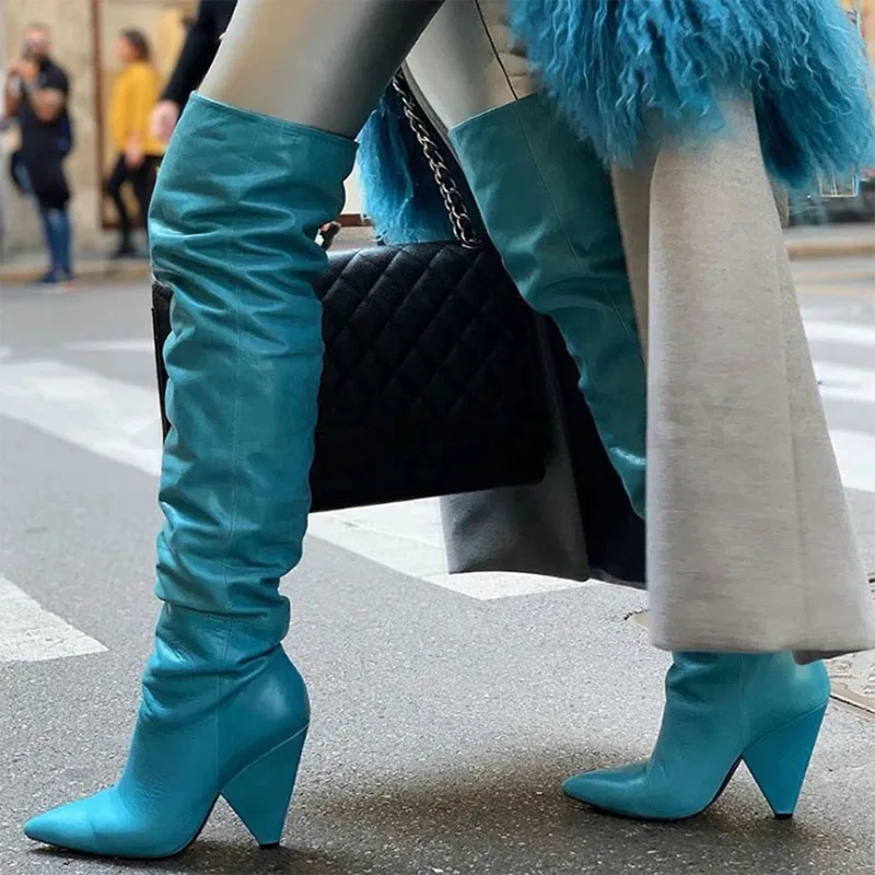 

Women's Boots Pointed Toe Shaped Heel Knee High Boots 2023 Autumn and Winter New High Quality Fashion Pleated Leather Boots 48