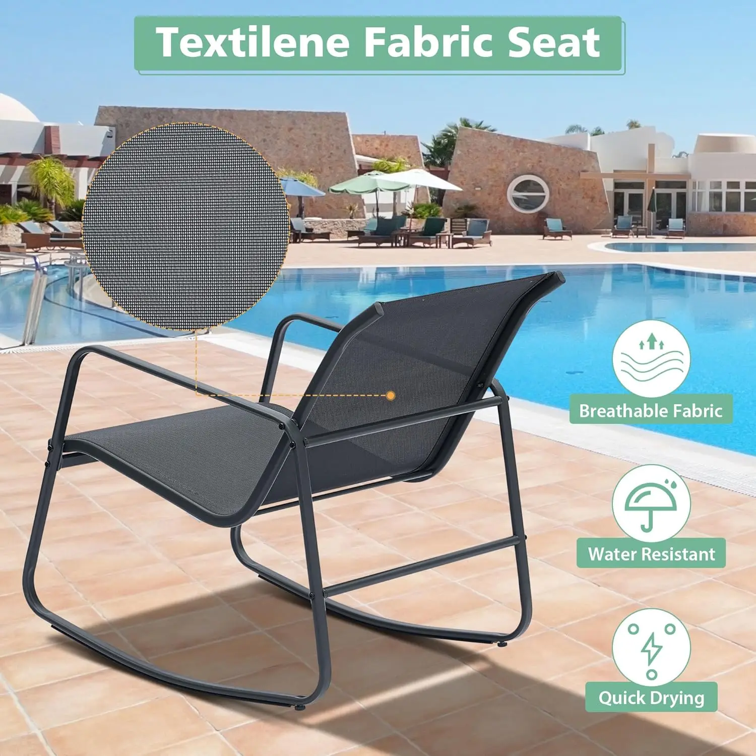 3 Piece Patio Furniture Set, All Weather Textile Outdoor Conversation Set with Rocking Bistro Chairs and Table, Small Patio