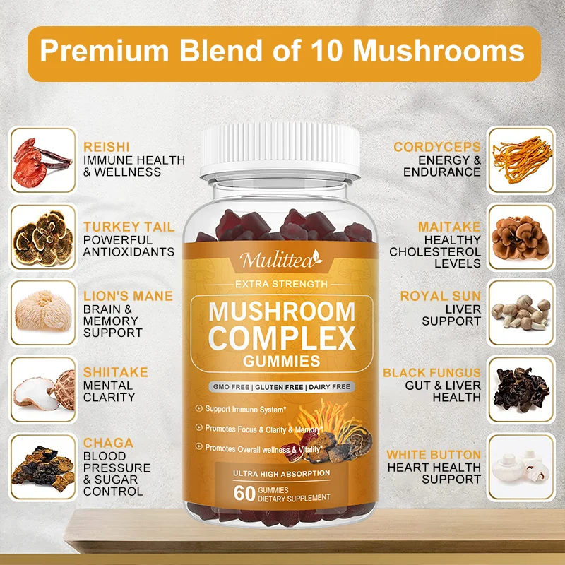 Mulittea Lion's Mane Mushroom Complex Gummies with Chaga Reishi Cordyceps for Focus Memory Relief Stress Better Mood