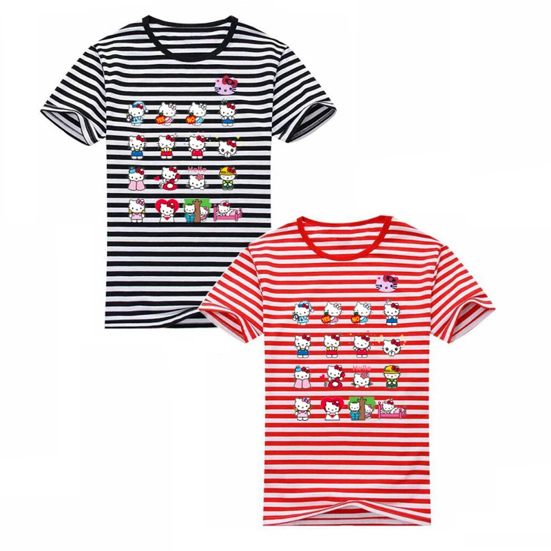 

Women Summer Short Sleeved Striped T-shirt with Pink Cat Embroidery Cute and Versatile Cat Print Cotton O-neck Striped T-shirt