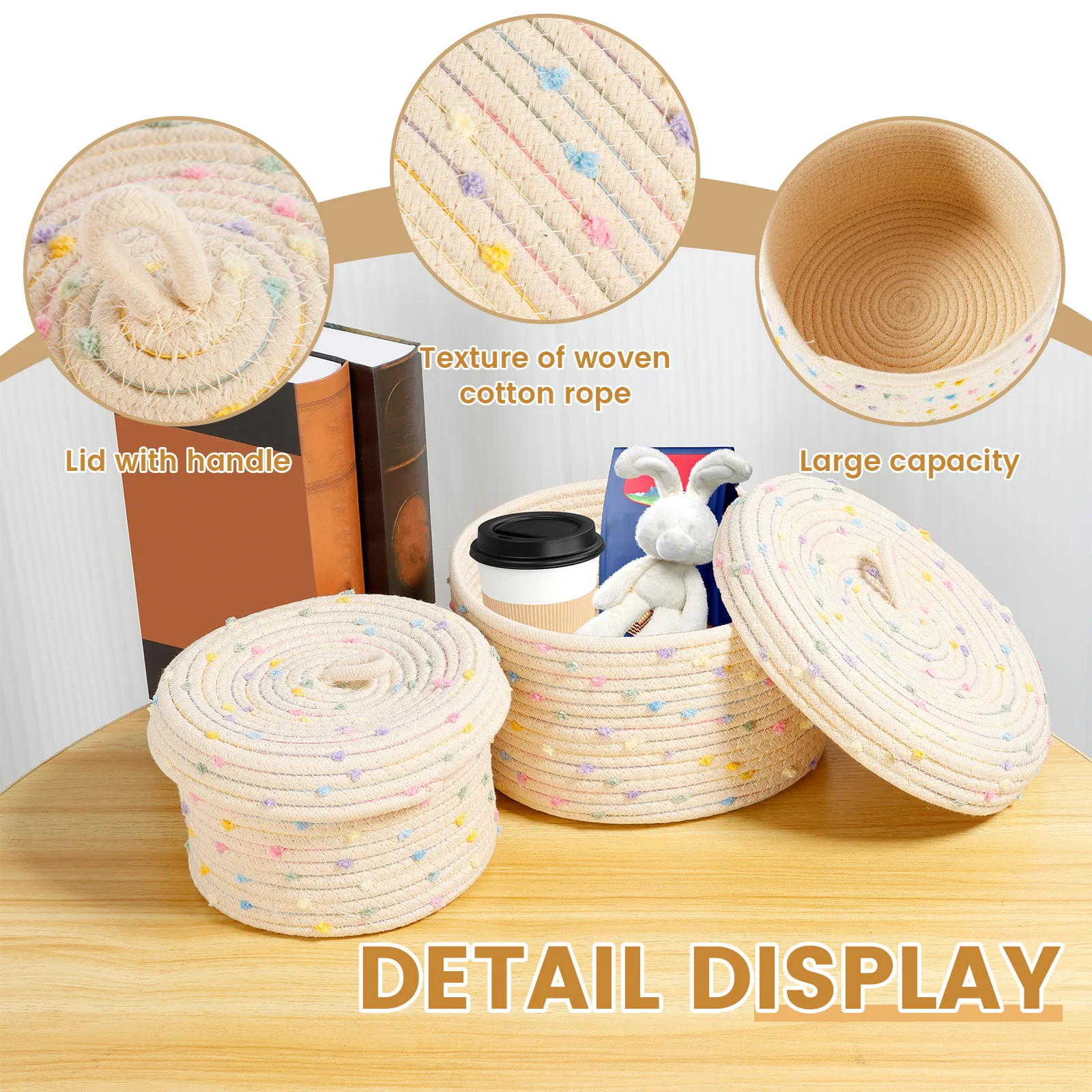 2Pcs Round Basket Cotton Rope Storage Basket with Lid Woven Multi-functional Storage Baskets Lidded Round Organizer Box for Home
