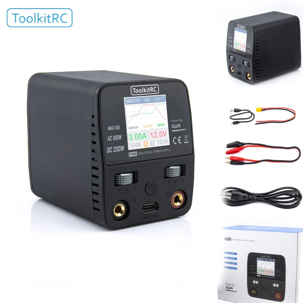 

ToolkitRC P200 Mini 30V AC100W DC200W 10A GaN Adjustable Mini Desktop Power Supply USB Output