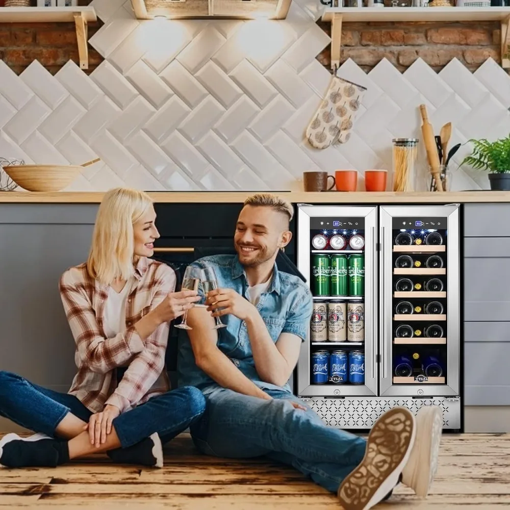 Tylza Wine and Beverage Refrigerator 24 Inch Dual Zone, French Door Wine and Beverage Cooler 24'' Built-In