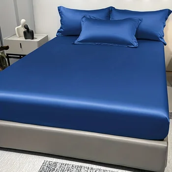 1 Simple Modern Satin Solid Color Fitted Sheet, Solid Color Ice Silk Bedspread For Bedroom, Bedding (Excluding Pillowcases) 1