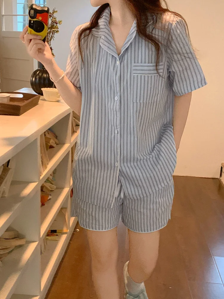 Lovers Simple Vintage Stripe Summer Short Sleeve Half Pants Pajama Set couple Holiday style Real images Loose Casual Vacation