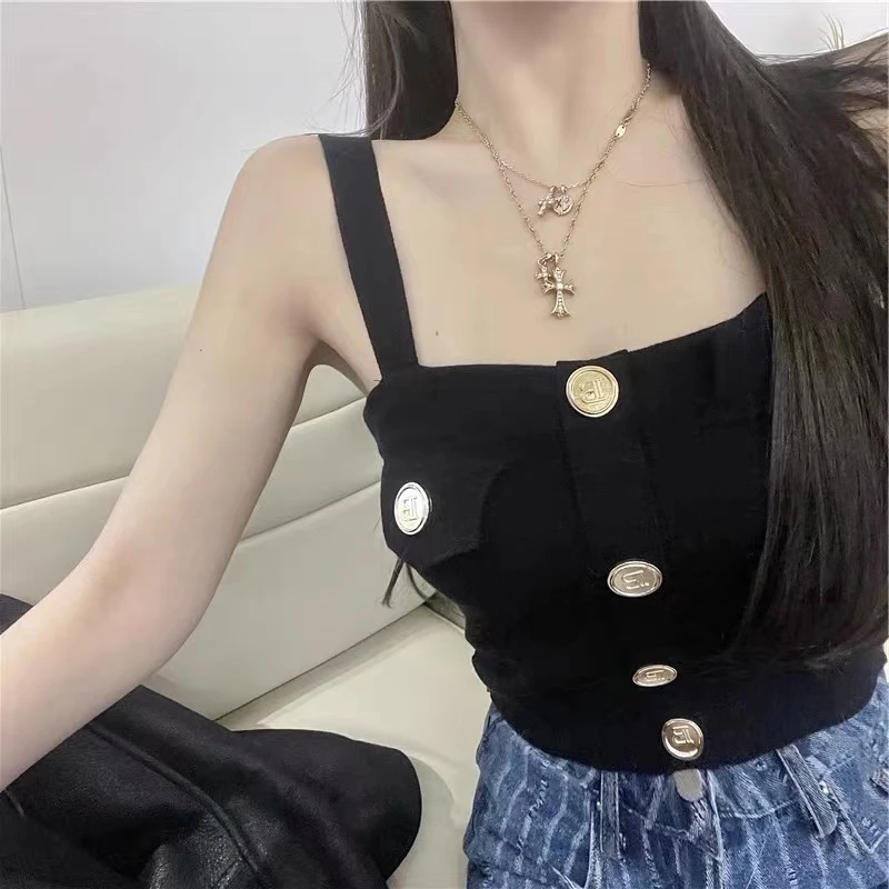 New Summer Sling Tank Top Off Shoulder Tops Women Harajuku Sexy Sleeveless Pullover Letter Buttons Slim Thin Knitted Crop Tops silk camisole