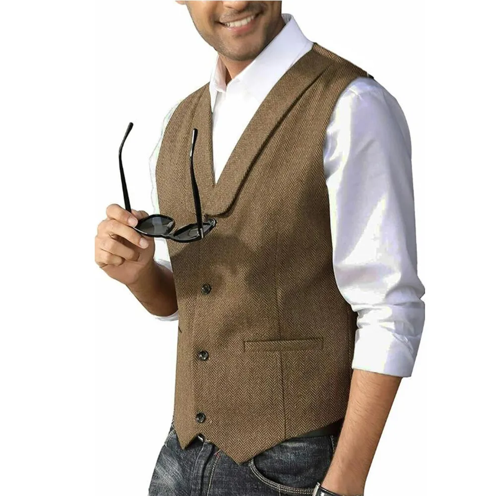 

Men's Casual Suit Vest Shawl Lapel Wool Tweed Herringbone Dress Waistcoat for Wedding Party Dinner