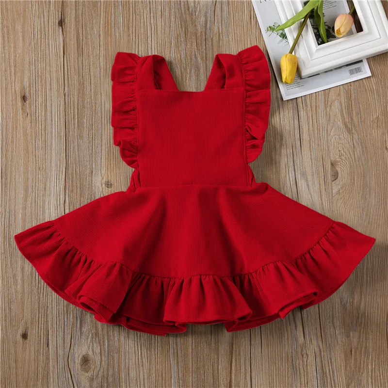 Blotona Baby Girls Solid Color Suspender Skirt Sleeveless Square Collar Large Hem High Waist Dress Ruffles