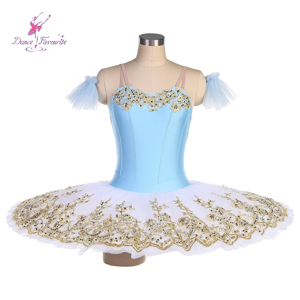 

Dance Favourite Ballet Tutus BLL544 Blue Spandex Bodice White Tutu with Gold Applique Decorated Pre-professional Ballet Tutu