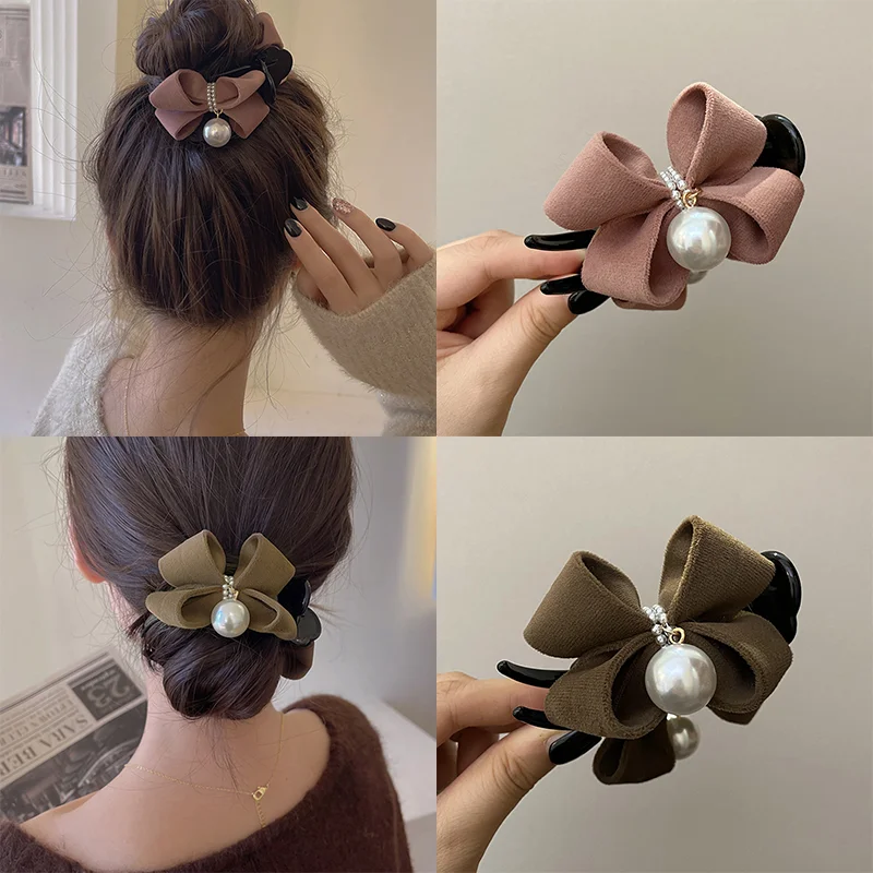 Fashion Woman Temperament Black Bowknot Ribbon Hair Clip for Girls Popular  Ponytail Hair Claw Pearls Hairpin Hair Accessories - AliExpress