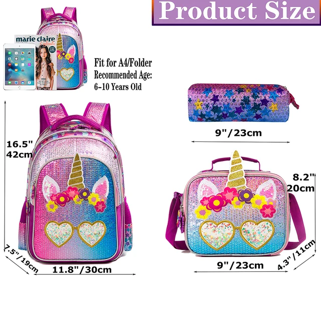 BIKAB Unicorn School Bag 13"16" Girls Backpack School Sequin Backpack with Lunch Box Kawaii Backpack Girls School Supplies 4