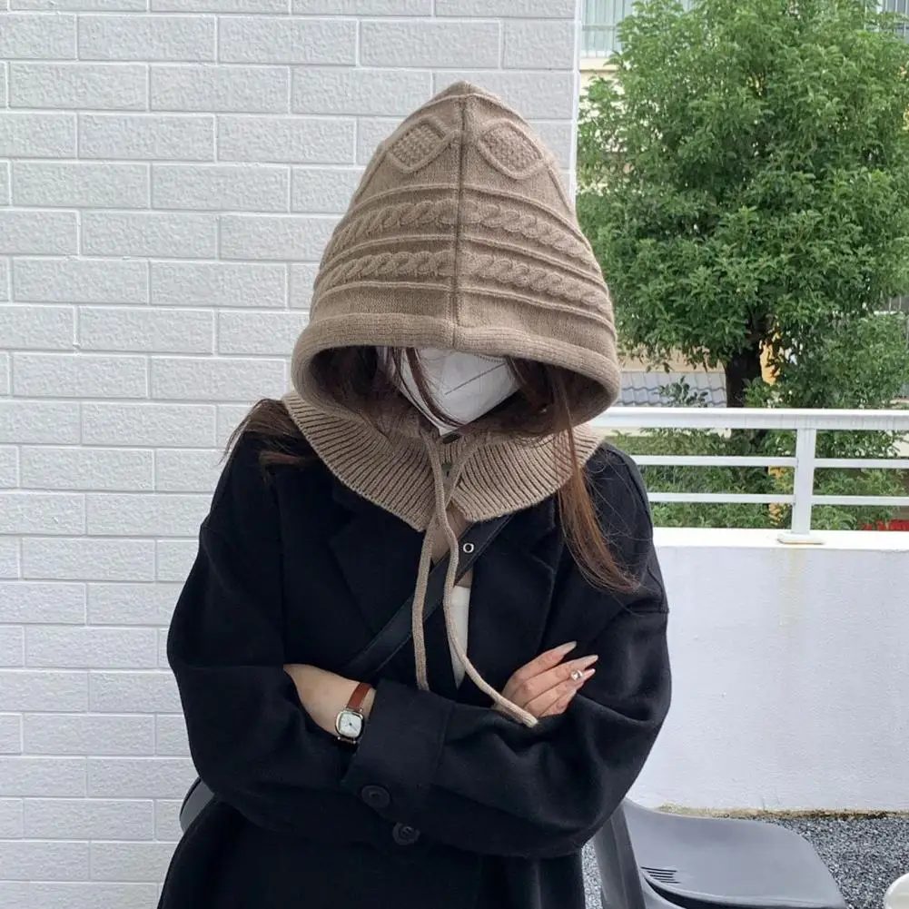 Ladies Scarf Hat Cozy Thicken Imitation Cashmere Scarf Hat Set for Women Winter Warm Wool Pullover Windproof Drawstring Scarf 4