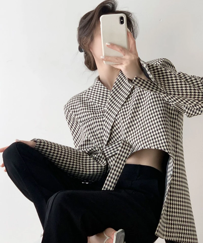 Houndstooth Plaid Blazer Women’s Black Irregular Suit Jacket Streetwear Korean Ribbon Cropped Womens Coat Office Lady Elegant Striped Jackets Outwear Plus size Blazers for Woman 