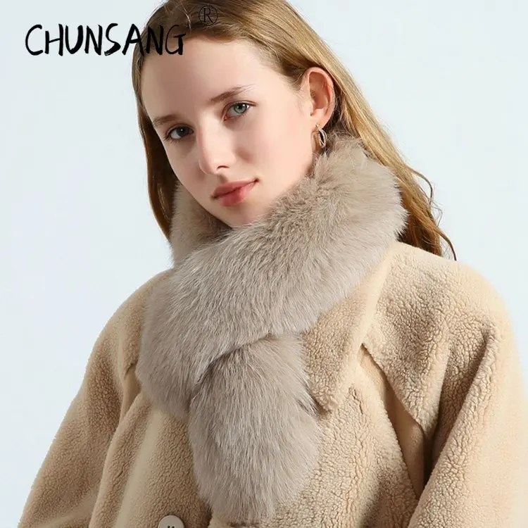 2022 Soft Plush Winter Warm Double-sided Real Fox Rabbit Fur Collar Scarf Women Luxury Korean Fashion Shawls Scarves Designer