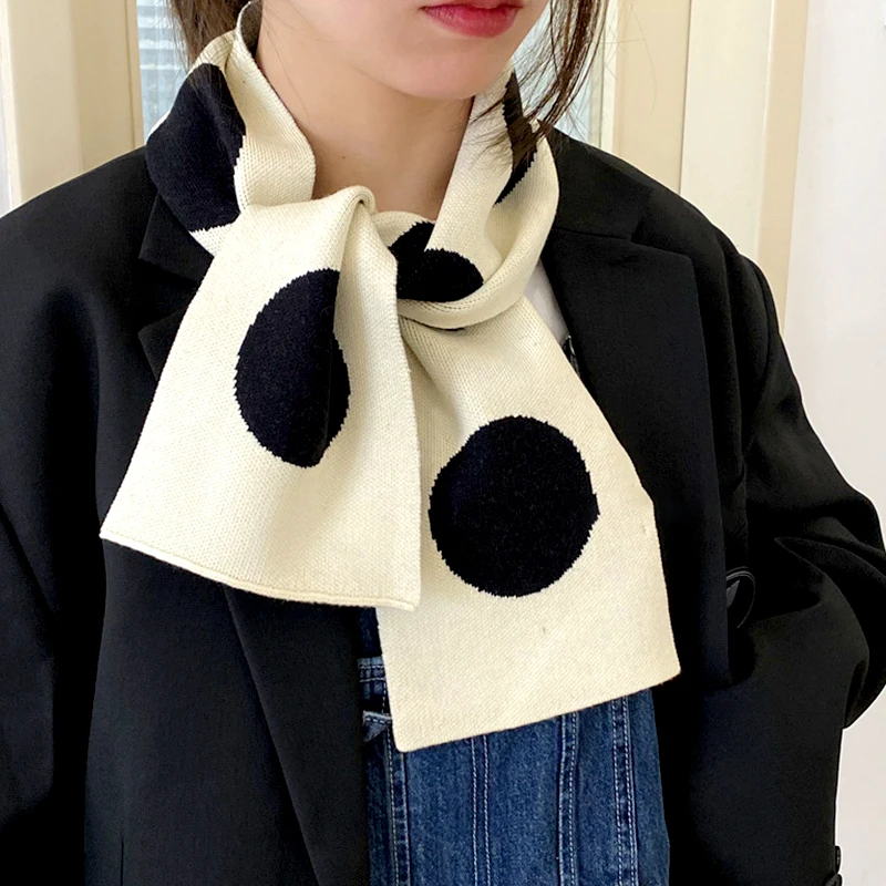 Korean Crochet Knitted Wool Scarf Dot Print Decorative Outdoor Cycling Windproof Warm Scarves Comfortable Soft Travel Neckechief
