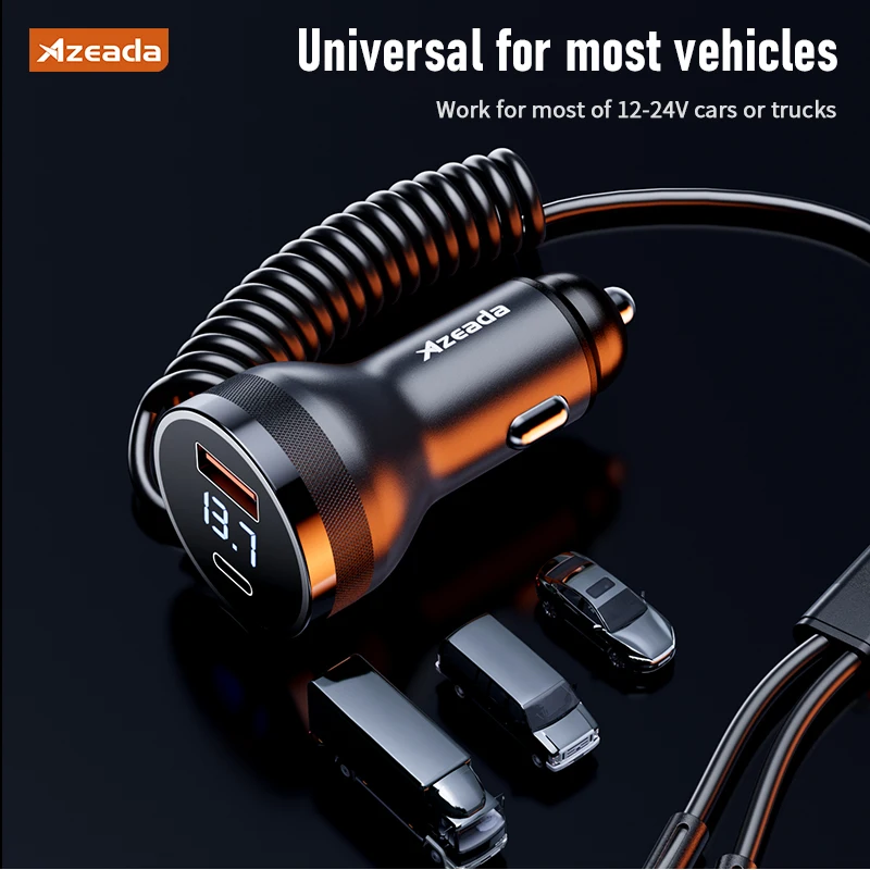 Gadgetoo Azeada 160W Usb Type C Fast Car Charger With Elastic Cable Portable For Iphone 15 14 Pro Max Tablets Gps Xiaomi 13 Oneplus Oppo