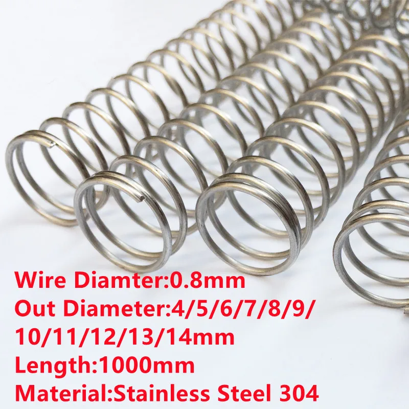

1PCS 1 Meter Long Stainless Steel Pressure Spring Compression Spring,0.8mm Wire Dia*4/5/6/7/8/9/10/11/12/13/14mm Out Dia*1000m