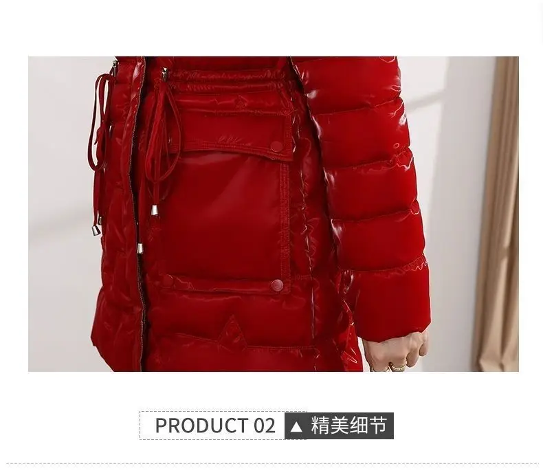 New Women's Down Cotton Coat Winter Warm Jacket Long Thick Bright Face Wash Padded Jackets Female Hooded Parker Overcoat Red 5XL