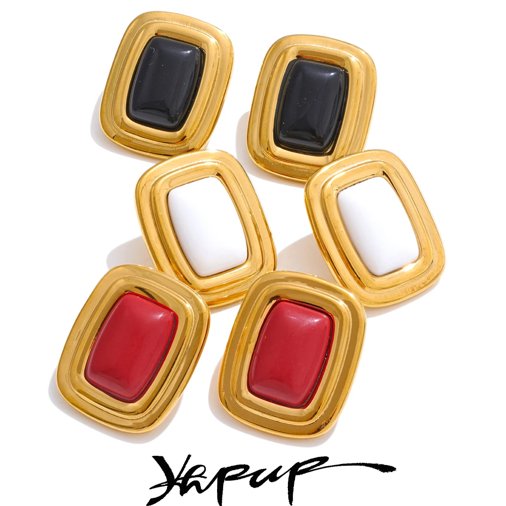 Yhpup Natural Stone Red White Black Rectangle Fashion Stud Earrings for Women